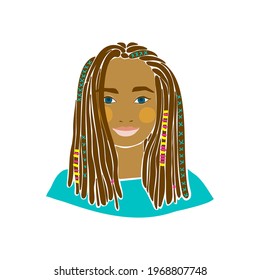 Beautiful with teen girl african braids drawn for decoration design. Modern vector illustration. Afro american black skin kid. Vector drawing. Cute people.