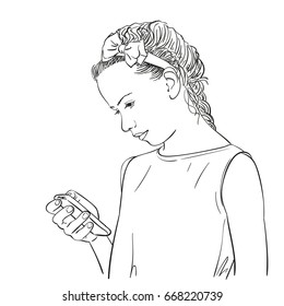 Beautiful teenage girl with bow in her hair use smartphone hand drawn isolated, Vector sketch line art illustration