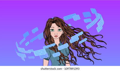 Beautiful teenage girl in the circle of text messages and speech bubbles. Social media living. Line vector illustration.