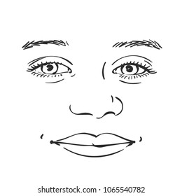Beautiful teenage girl face, Vector sketch close up, Hand drawn illustration isolated