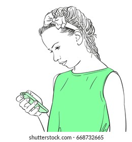 Beautiful teenage girl in green dress with bow in her hair use smartphone, Vector sketch line art illustration hand drawn isolated