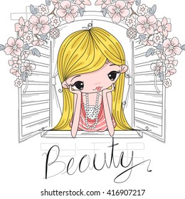 Beautiful teenage girl posing with hands on chin in an open window illustration vector.