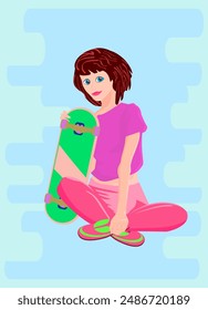 Beautiful teenage girl sitting and holding a skateboard Fashion illustration, colorful portrait of a character in stylish clothes Sports  extreme, fashion and style. Beautiful girls with skateboards.