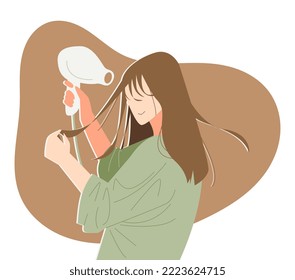 beautiful teenage girl using hair dryer. suitable for women's themes, beauty, makeup, hair, appearance, bathing, etc. flat vector illustration