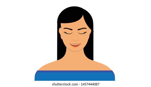 Beautiful teenage girl, woman with different facial expression. Brunette woman with closed eyes in blue shirt