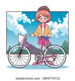 beautiful teenager girl in bicycle anime character in the landscape vector illustration design