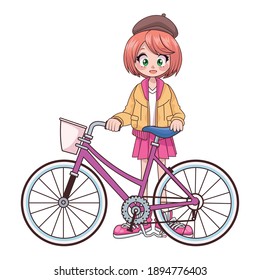 beautiful teenager girl in bicycle anime character vector illustration design