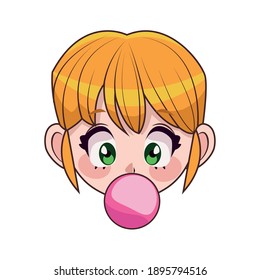 beautiful teenager girl with buble gum anime head character vector illustration design