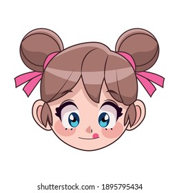 beautiful teenager girl with pigtails anime head character vector illustration design