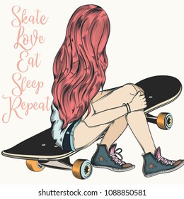 Beautiful teenager girl with pink hair sit on a skateboard. Fashion illustration