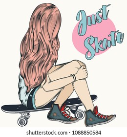 Beautiful teenager girl sit on a skateboard. Fashion illustration, just skate