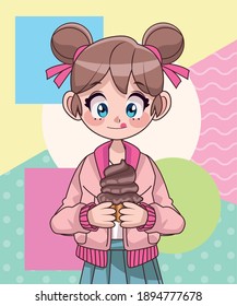 beautiful teenager girl with sweet cupcake anime character vector illustration design