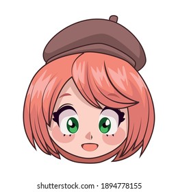 beautiful teenager girl wearing beret anime head character vector illustration design