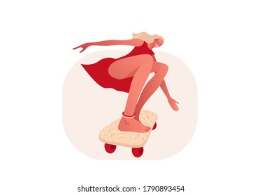 Beautiful teenager in res dress, young girl on a skateboard. Women's day card. Flat style vector illustration.