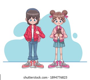 beautiful teenagers girls couple anime characters vector illustration design