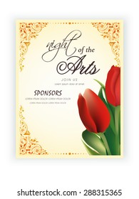 Hermosa plantilla, banner o diseño de volante con flores para la exposición de las artes o noche de las artes.