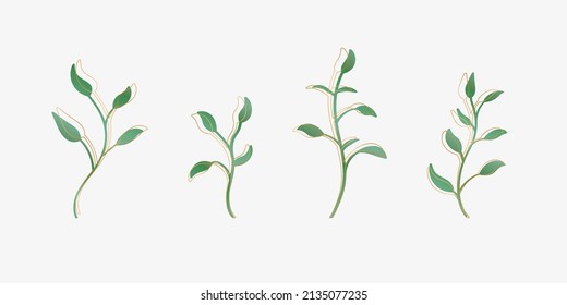 Beautiful template of branches with leaves of gold and green color for weddings of the beauty industry Vector illustration