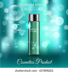 A beautiful template for cosmetic ads, 3d glass translucent bottle hair oil on a blue shiny background