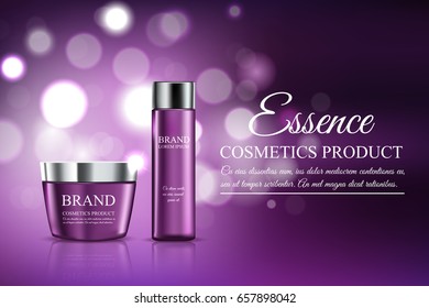 A beautiful template for cosmetic ads, realistic pink jar and translucent bottle on a pink shiny background ready for design and print. Luxury premium cosmetic products