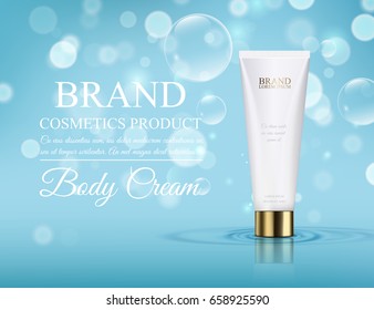 A beautiful template for cosmetic ads, realistic 3d white tube on a light blue shiny background with water bubbles ready for design and print. Cosmetic body cream blank. Brand products illustration