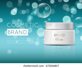 A beautiful template for cosmetic ads, realistic 3d white cosmetic bank on a blue shiny background with water bubbles and bokeh ready for design and print