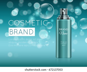 A beautiful template for cosmetic ads, realistic 3d blue tube on a blue shiny background with water bubbles and bokeh ready for design and print. Beauty hair care product 