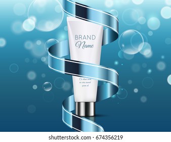 A beautiful template for cosmetic ads, realistic 3d white tube with blue glossy ribbon on a light blue shiny background with water bubbles. Vector trendy illustration