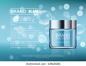 A beautiful template for cosmetic ads, realistic 3d blue jar on a light blue shiny background with water bubbles. Vector brand illustration.