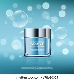 A beautiful template for cosmetic ads, realistic 3d blue jar on a light blue shiny background with water bubbles. Vector brand illustration, eps10