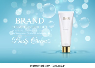 A beautiful template for cosmetic ads, realistic 3d white and gold tube on a blue shiny background with water bubbles and bokeh ready for design and print.