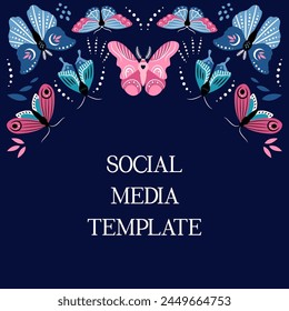 Beautiful template frame with butterflies for social media, greeting card, invitation. Place for text.