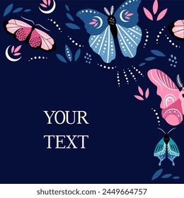 Beautiful template frame with butterflies for social media, greeting card, invitation. Place for text.
