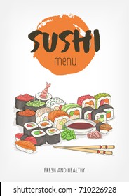 Beautiful template for restaurant menu of Japanese or Asian cuisine with hand lettering and colorful sushi, rolls, sashimi, wasabi, soy sauce, chopsticks on white background. Vector illustration.