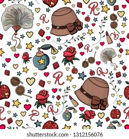 Beautiful template with vintage pattern accessories for decoration design. Female template design - ladies happiness pattern. Beautiful vector illustration. - Vector.