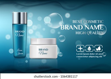 A beautiful templates for cosmetic ads, realistic translucent bottle and plastic jar for moisturizing cream on a blue background with water bubbles and waves