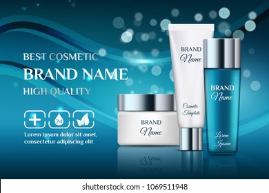 A beautiful templates for cosmetic ads, realistic transparent bottle, white tube and jar for moisturizing cream on a blue background with abstract technology wave