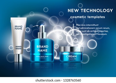 A beautiful templates for cosmetic ads, realistic exhibition from glossy tubes for moisturizing cream on a blue shiny background. Vector illustration