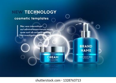 A beautiful templates for cosmetic ads, realistic glossy tubes for moisturizing cream on a blue shiny background