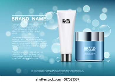 A beautiful templates for cosmetic ads, realistic 3d blue jar with white tube for moisturizing cream on a light blue shiny background with water bubbles