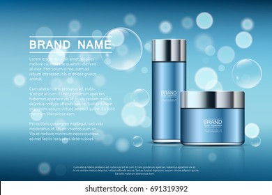 A beautiful templates for cosmetic ads, realistic 3d blue jar and bottle for moisturizing cream on a light blue shiny background with water bubbles