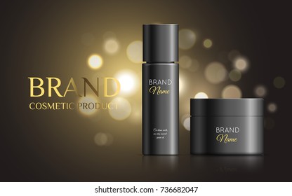 A beautiful templates for cosmetic ads, realistic 3d black jar with cosmetic matte tube for spray and cream on a gold shiny background with bokeh. Vector illustration, eps10