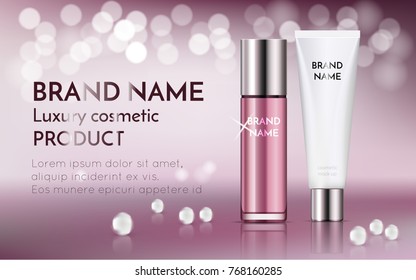 A beautiful templates for cosmetic ads, realistic 3d pink bottle with white cosmetic tube for moisturizing skincare cream on a shiny bokeh background with water pearl