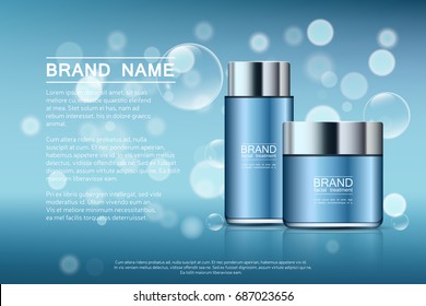 A beautiful templates for cosmetic ads, two realistic 3d blue jar for moisturizing cream on a light blue shiny background with water bubbles