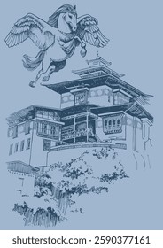 The beautiful temple of Tigers Nests in Bhutan.Line drawing of mountain landscape