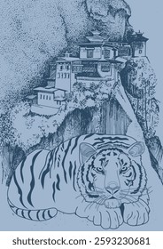 O belo templo de Tigres Ninhos em Bhutan.Line desenho de paisagem de montanha