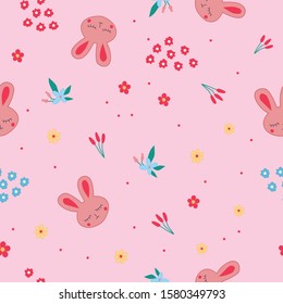 beautiful tender children's pattern for little girls on a delicate pink background with a bunny and different cute flowers