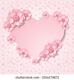 Beautiful tender heart frame with 3d light pink paper cut out flowers. Vector illustration