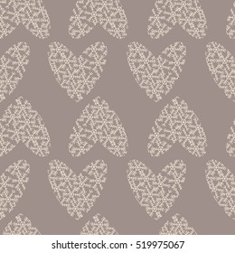 Beautiful and tender holiday pattern with lacy hearts on a cocoa color background. Vector seamless repeat with isolated elements. 