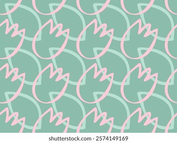 Beautiful tender pastel pink, light green tulip flowers. Bright, colorful spring and summer background. Seamless vector pattern for design and decoration.