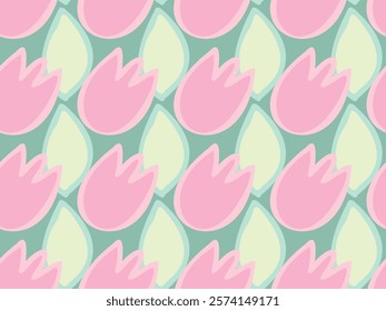 Beautiful tender pastel pink, light green tulip flowers. Bright, colorful spring and summer background. Seamless vector pattern for design and decoration.